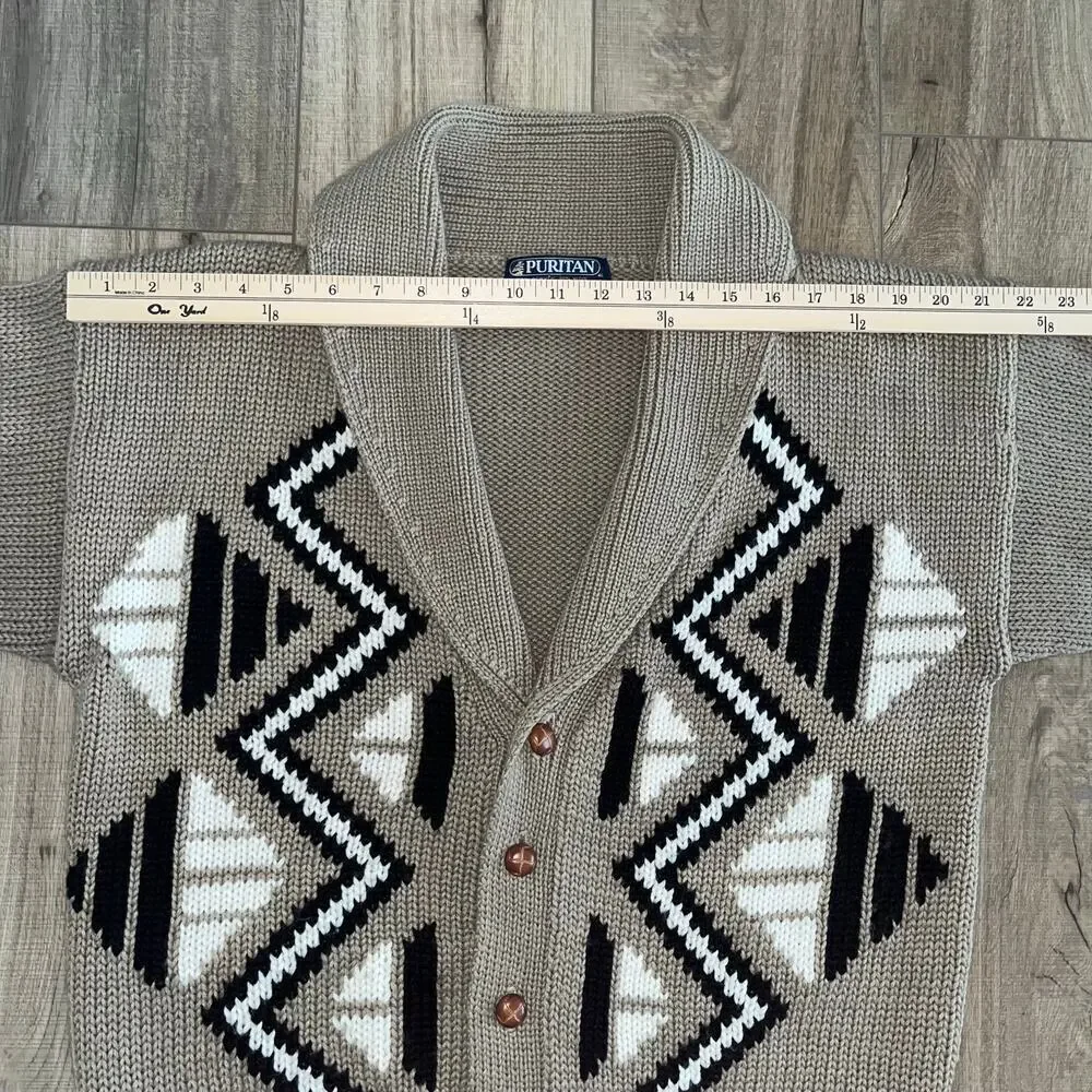 Vintage Puritan Men's Wool Blend Shawl Collar Cardigan Sweater M Aztec Western